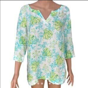 J. Jill Love Linen 100% Linen Tunic Top Coral Seashell Turtle Print M